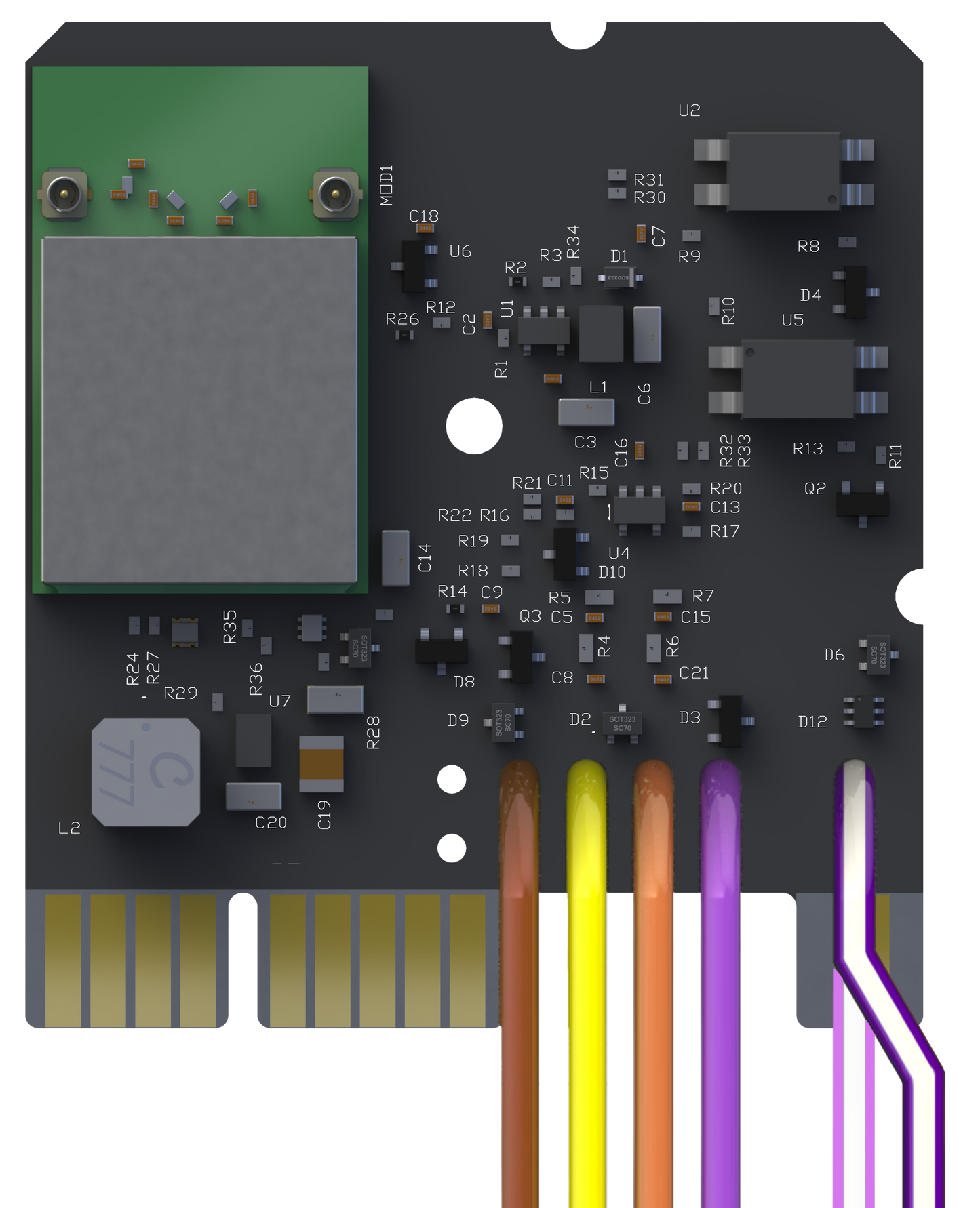 A circuit board module with multiple wires attached, featuring electronic components and connectors.