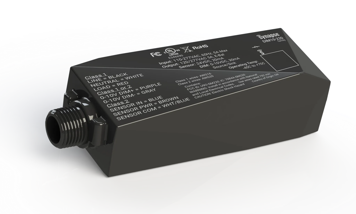 A black wireless retrofit controller with an external antenna, including a bracket BRK-220. The controller has various input and output ports and a power connection.