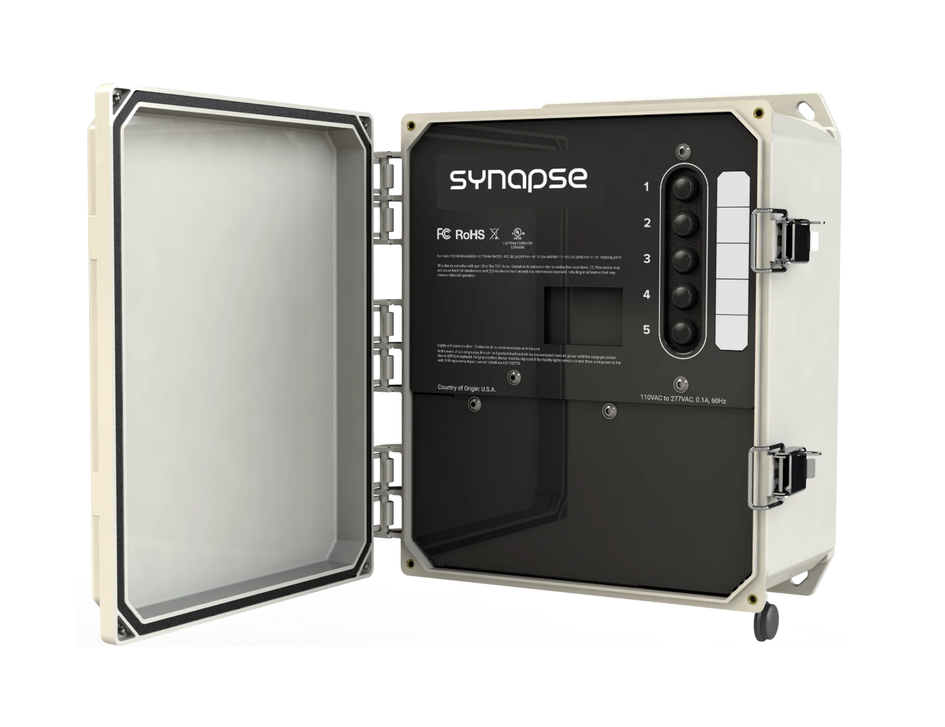 A gray Synapse central base station enclosure with a cover open, revealing a 5-button switch inside.