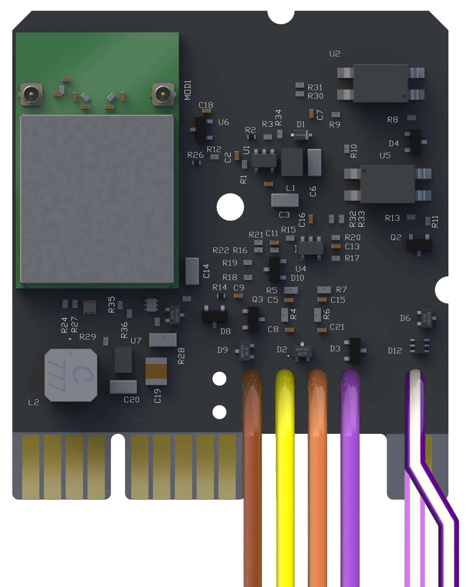A circuit board module with multiple wires attached, featuring electronic components and connectors.