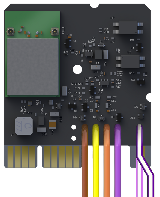 A circuit board module with multiple wires attached, featuring electronic components and connectors.
