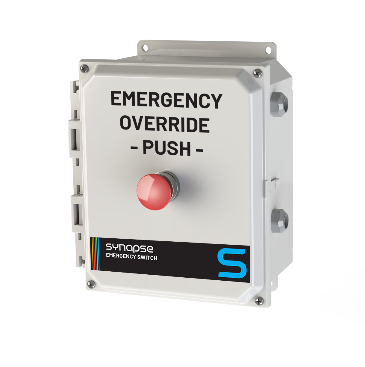 Emergency override switch with red button on a white background