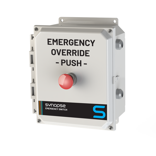 Emergency override switch with red button on a white background