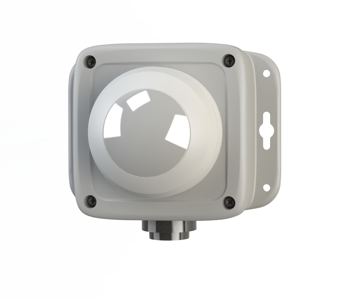 A gray wireless sensor with a photoelectric sensor on the front, mounted on a square-shaped housing.